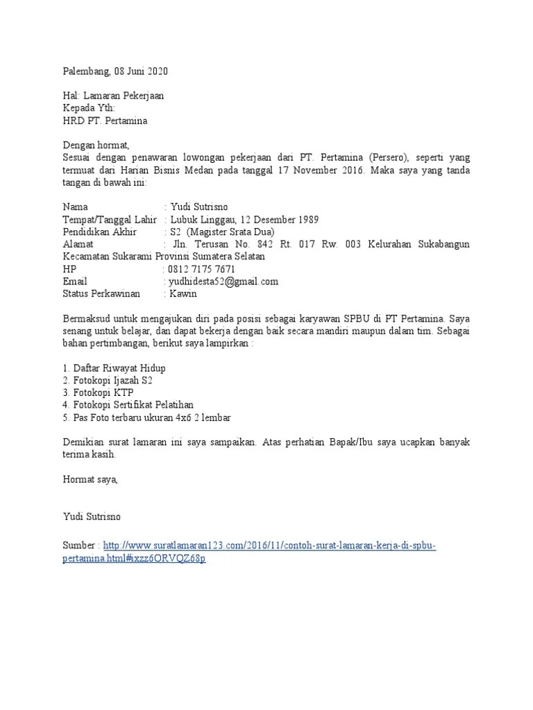 Surat lamaran kerja marketing yang kamu kirim ke perusahaan yang ingin kamu. Surat Lamaran Pt Pertamina Pdf