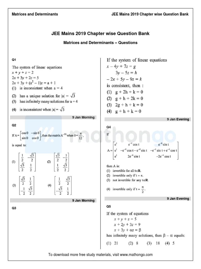 JEE Mains 2019 Chapter Wise Question Bank: Matrices And Determinants ...