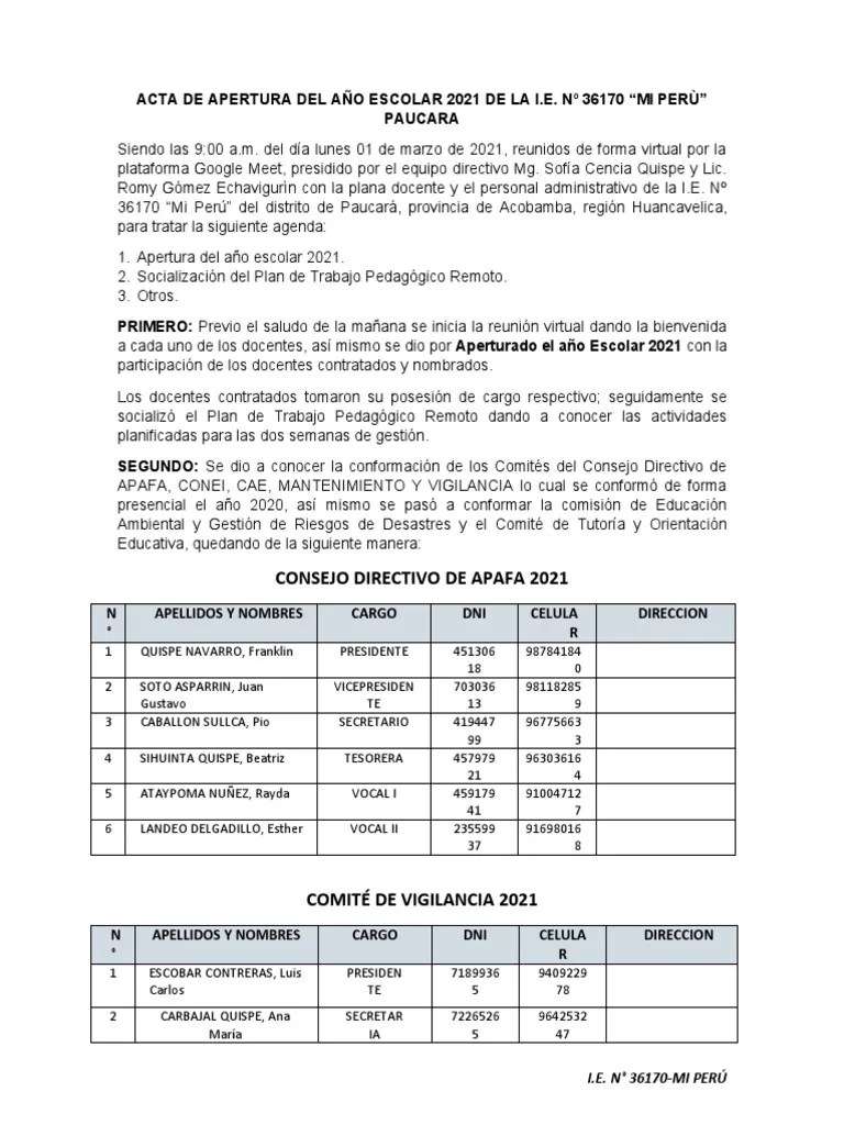 Acta De De Apertura Del Año Escolar 2021 | PDF