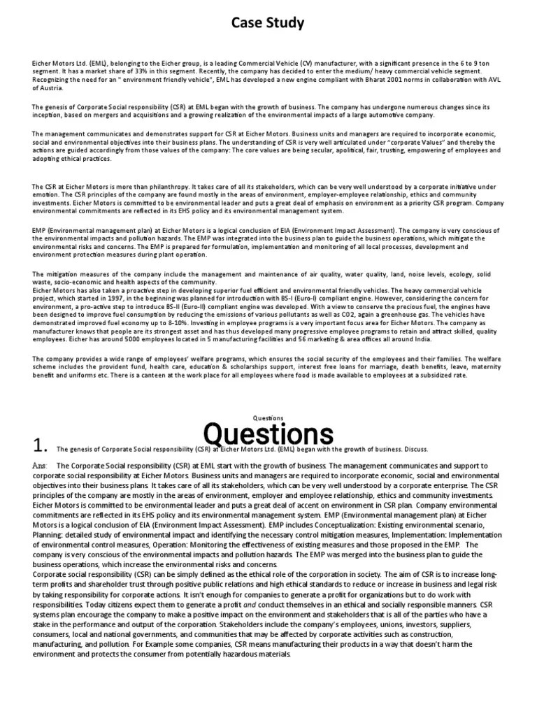 CSR Case Study Assignment | Download Free PDF | Corporate Social Responsibility | Stakeholder ...