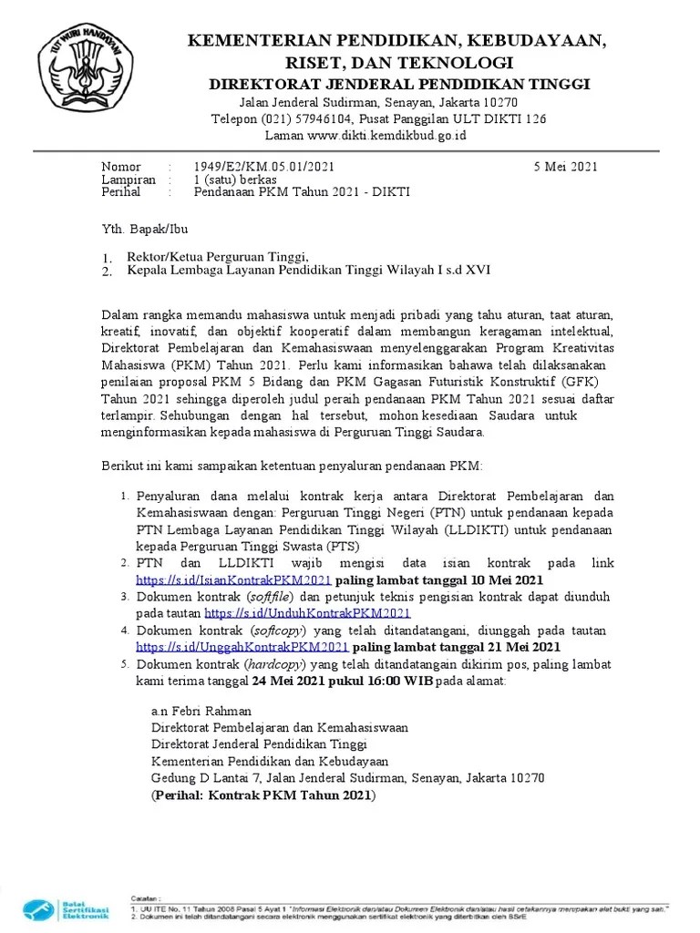 Pengumuman Pendanaan PKM 2021 - DIKTI-dikompresi | PDF