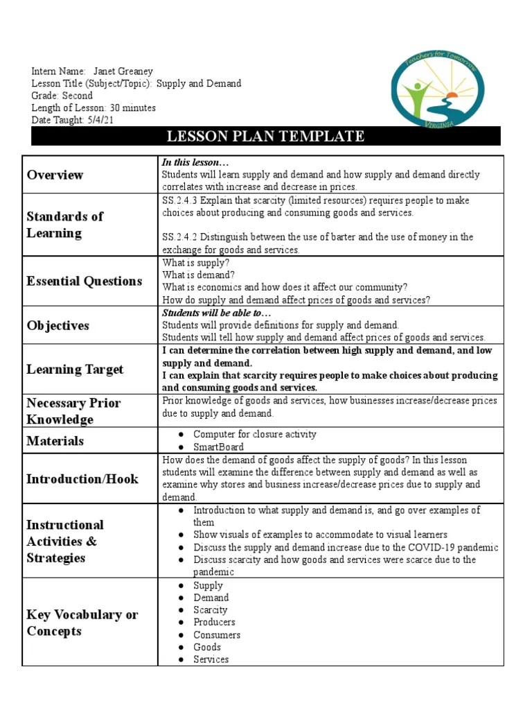 Supply And Demand Lesson Plan | PDF | Lesson Plan | Supply And Demand
