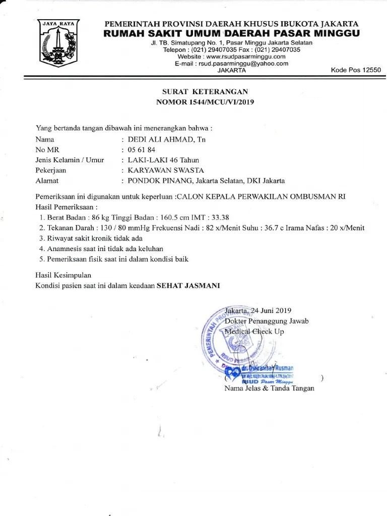 Surat Keterangan Sehat Jasmani Rohani | PDF