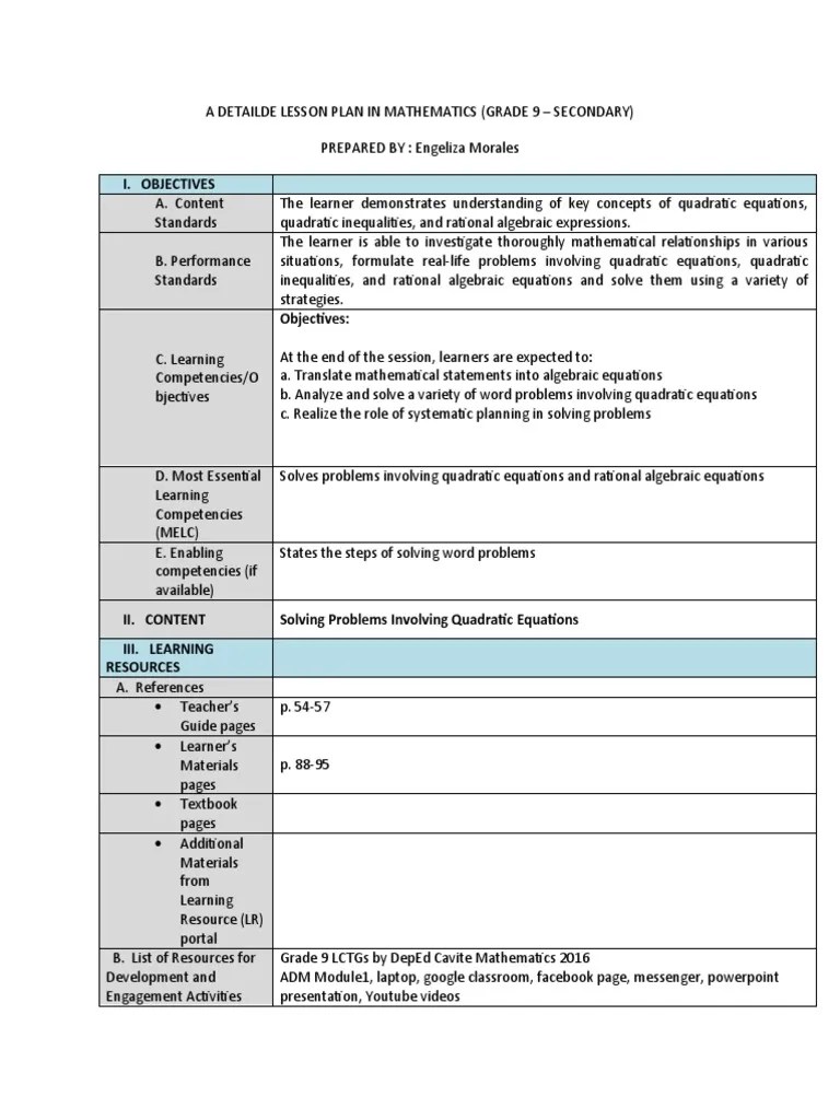 A Detailde Lesson Plan In Mathematics | PDF | Equations | Lesson Plan