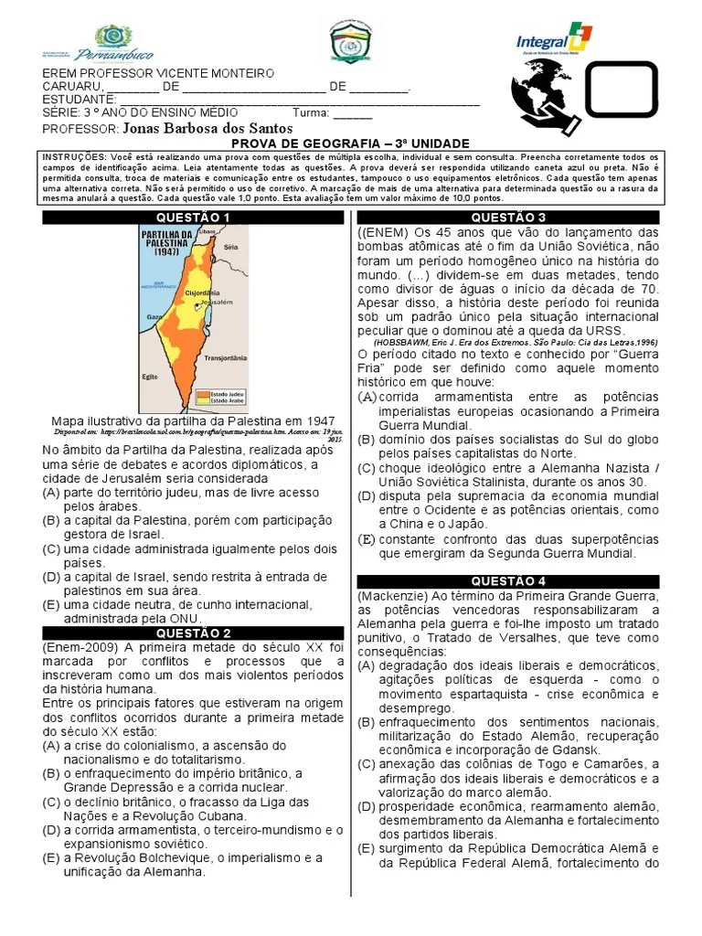 Prova Geografia 3 Unidade Terceiros Anos | PDF | Turismo Na Europa ...