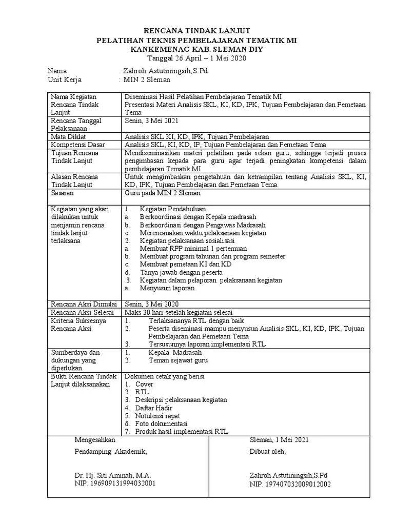 Contoh Rencana Tindak Lanjut Pelatihan Guru Pembelajar Seputaran Guru 