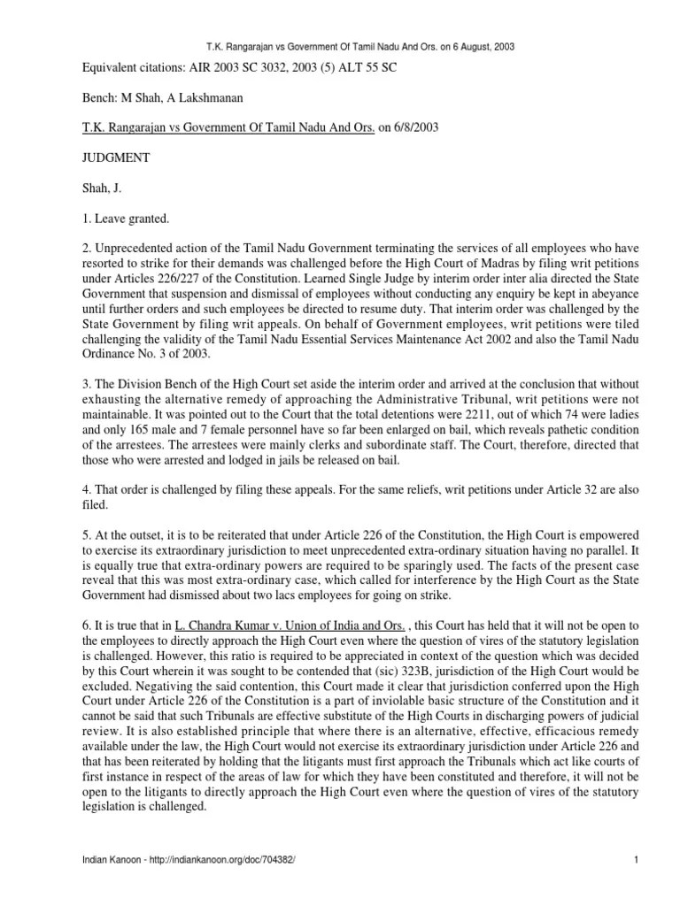 T.K. Rangarajan Vs Government Of Tamil Nadu And Ors. On 6 August, 2003 | PDF | Supreme Courts ...