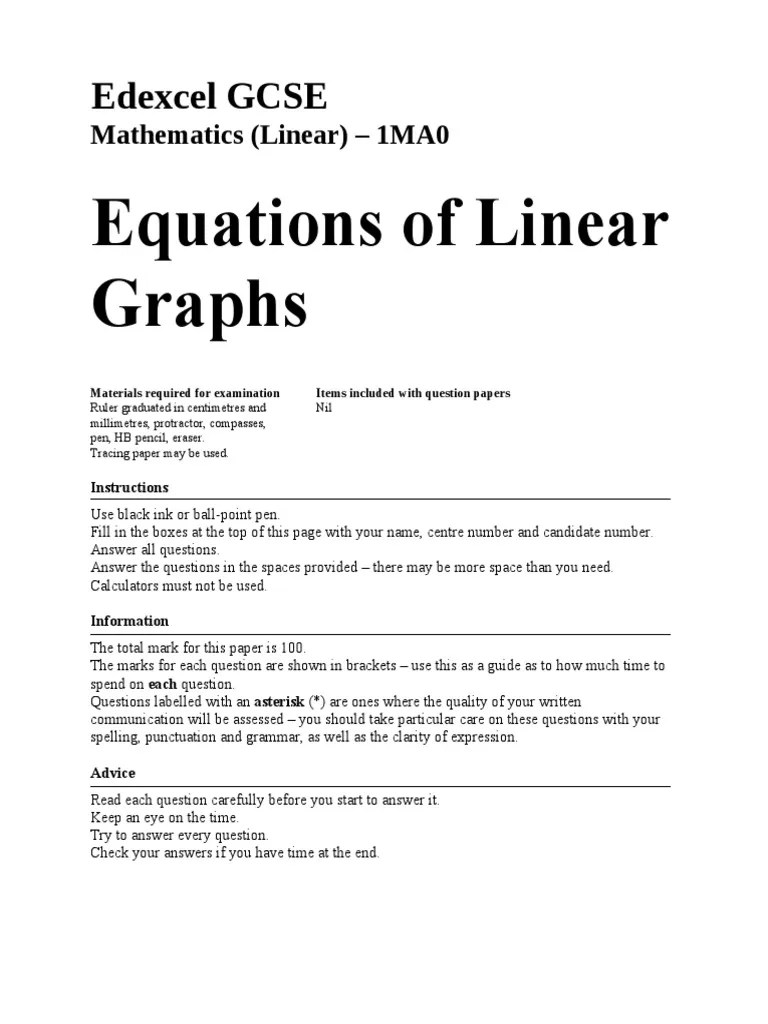 Equations Of Linear Graphs: Edexcel GCSE | PDF | Line (Geometry ...
