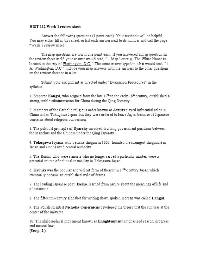 HIST 112 Week 1 Review Sheet: TH TH | Download Free PDF | Qing Dynasty ...