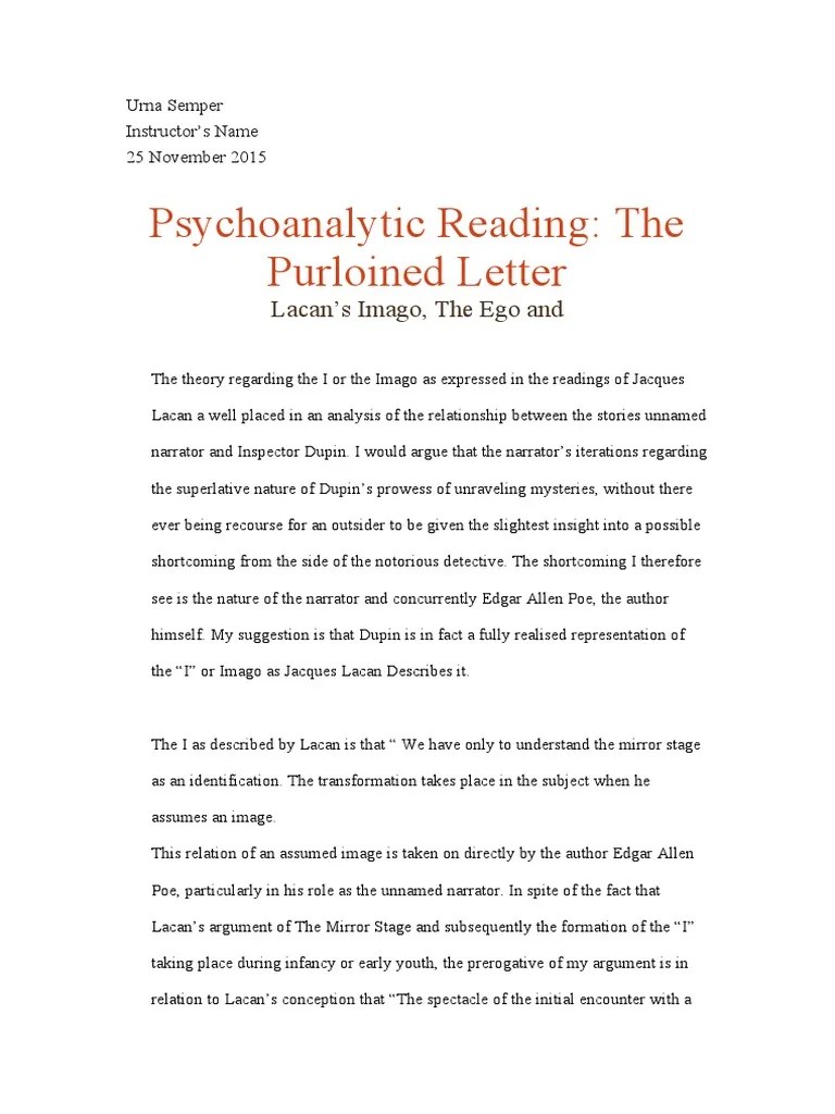 Psychoanalytic Reading: The Purloined Letter: Lacan's Imago, The Ego And | Download Free PDF ...