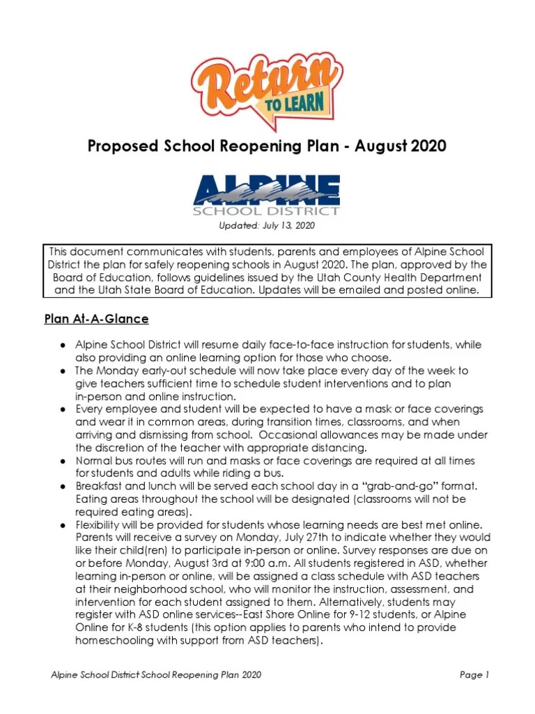 Proposed School Reopening Plan - August 2020: Plan At-A-Glance | PDF ...