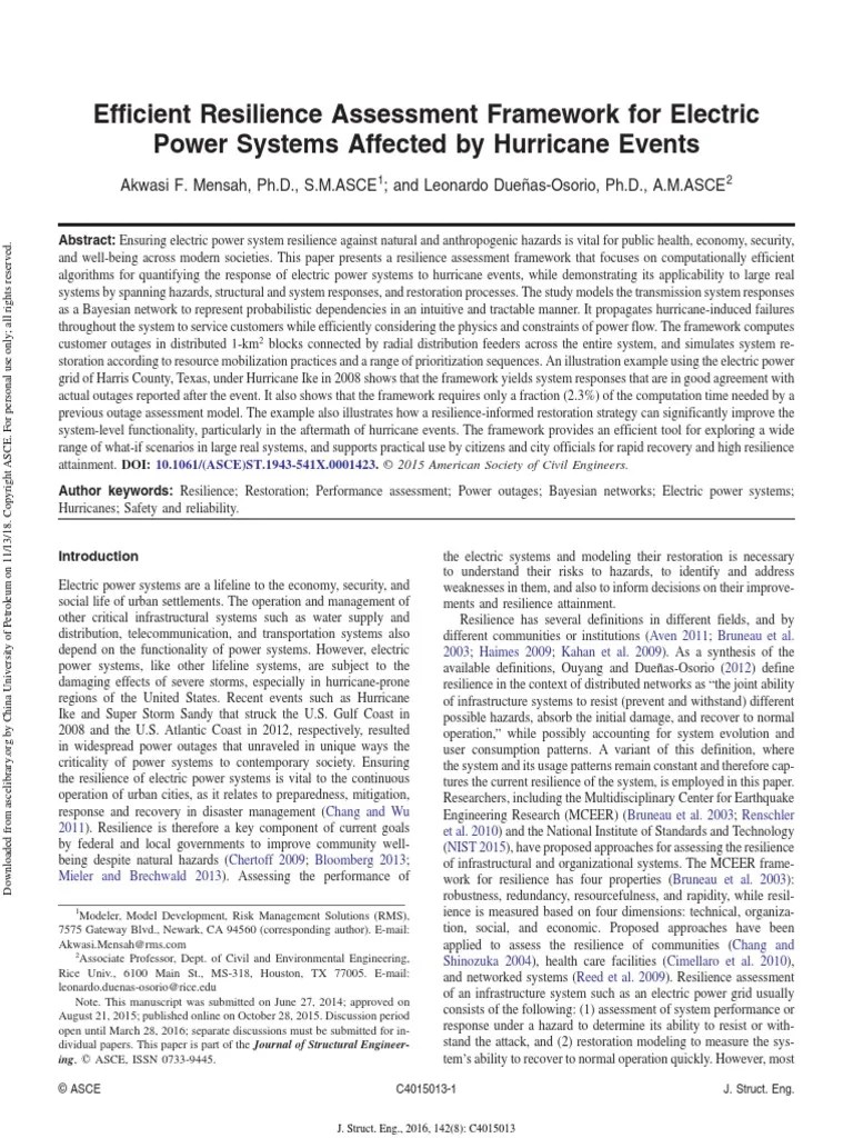 (2016-A.mensah) Efficient Resilience Assessment Framework For Electric Power Systems Affected By ...