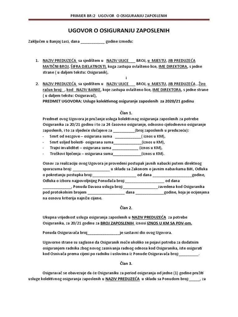UGOVOR O Osiguranju Zaposlenih | PDF
