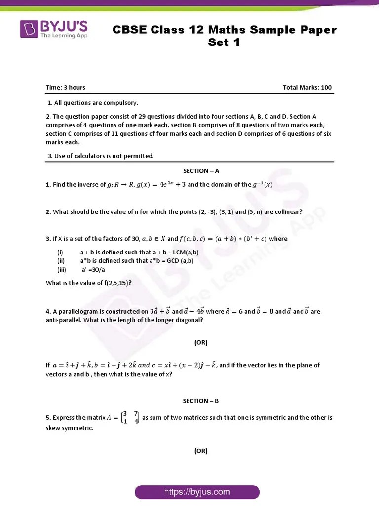 CBSE Class 12 Maths Sample Paper Set 1 | PDF | Cartesian Coordinate ...