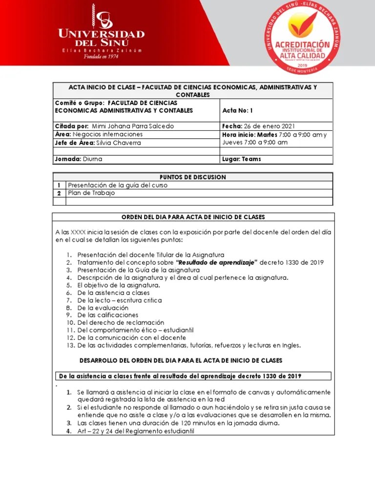 Acta Inicio De Clase 2021-1 Contexto I-1 | PDF | Enseñando Y Aprendiendo | Educación Avanzada