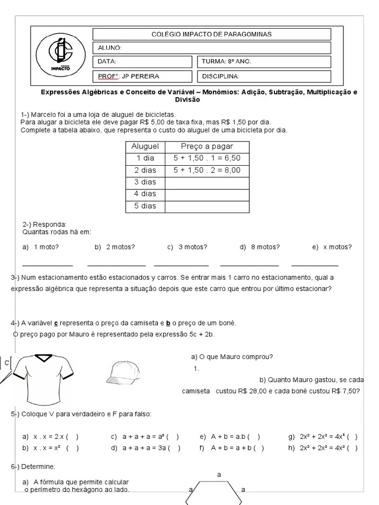Revisão Matemática 8 Ano - Monomios E Polinomios | PDF | Álgebra ...