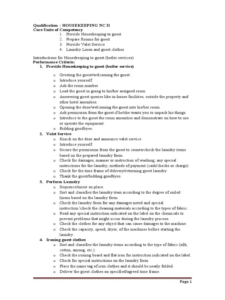 Qualification: HOUSEKEEPING NC II Core Units Of Competency | PDF | Laundry | Housekeeping