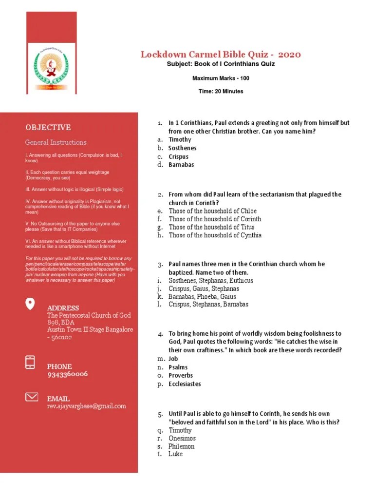 1 Corinthians Quiz Questions | PDF | First Epistle To The Corinthians | Paul The Apostle