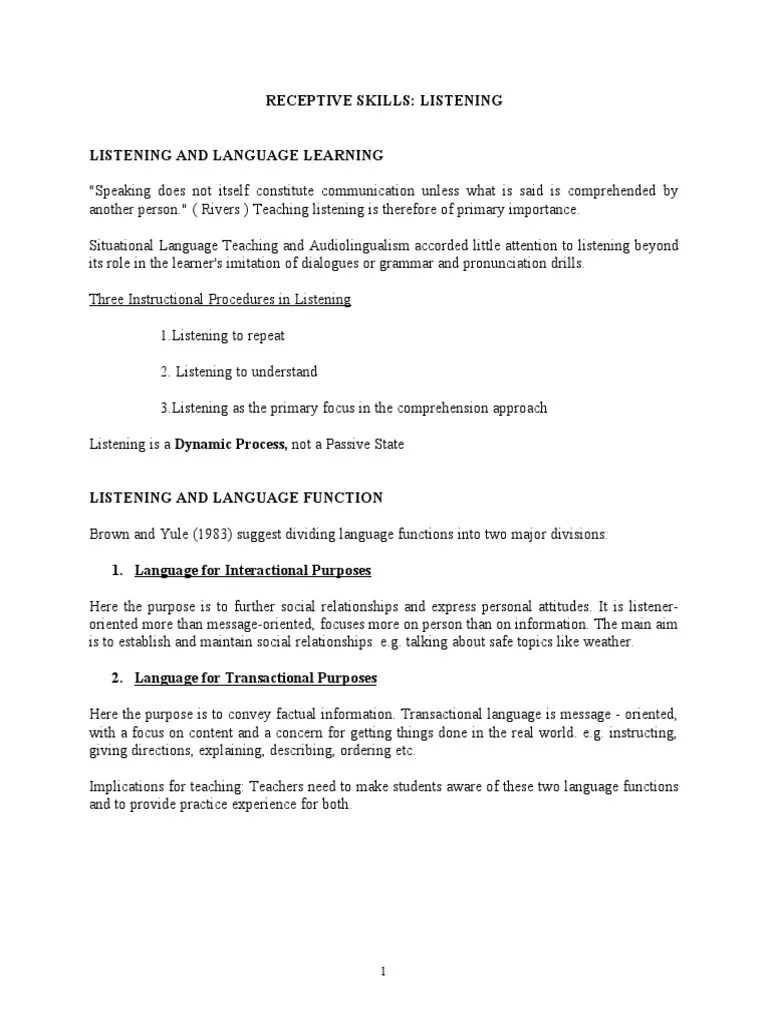 Receptive Skills: Listening | PDF | Reading Comprehension | Learning