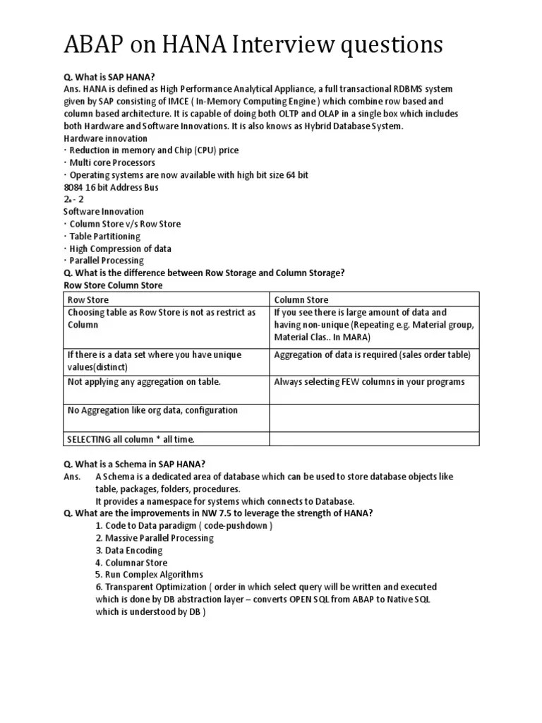 ABAP On HANA Interview Questions | PDF | Sql | Databases