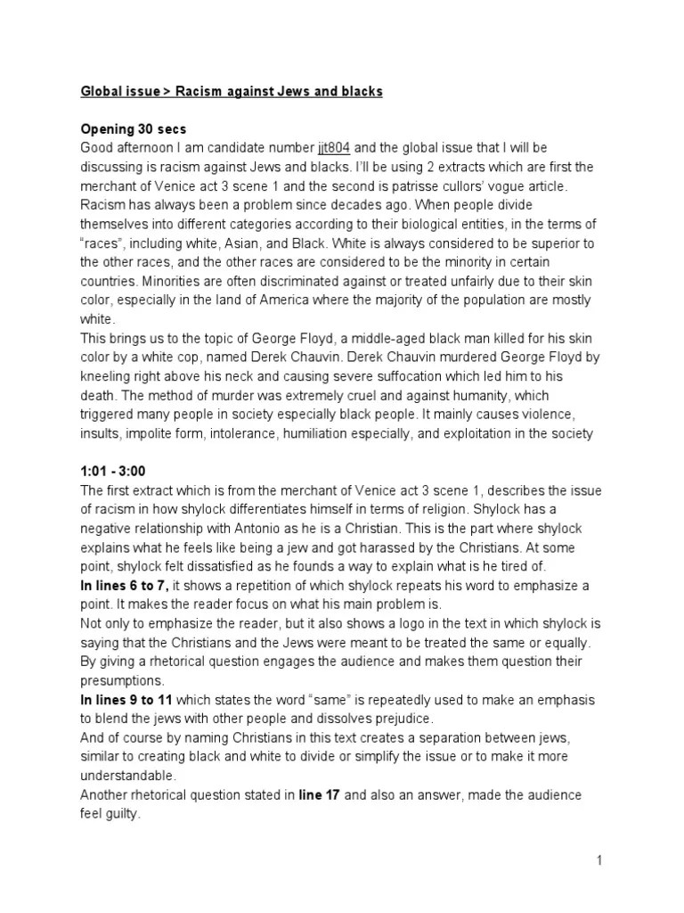 Global Issue Racism Against Jews And Blacks Opening 30 Secs | PDF | Shylock | The Merchant Of Venice