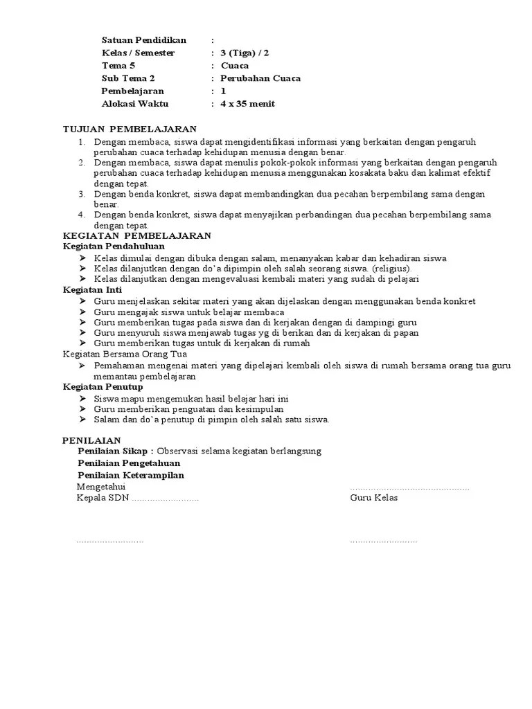 RPP 1 Lembar Kelas 3 Tema 5 Subtema 2 Pembelajaran 1,2,3,4,5-6 | PDF