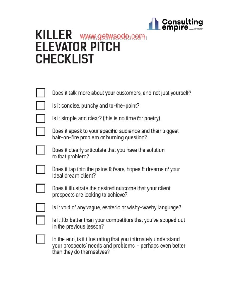 Killer Elevator Pitch Checklist | PDF