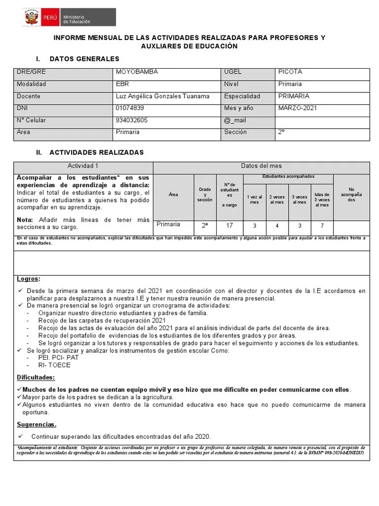 Formato De Informe Mensual Marzo 2021. | PDF | Evaluación | Aprendizaje