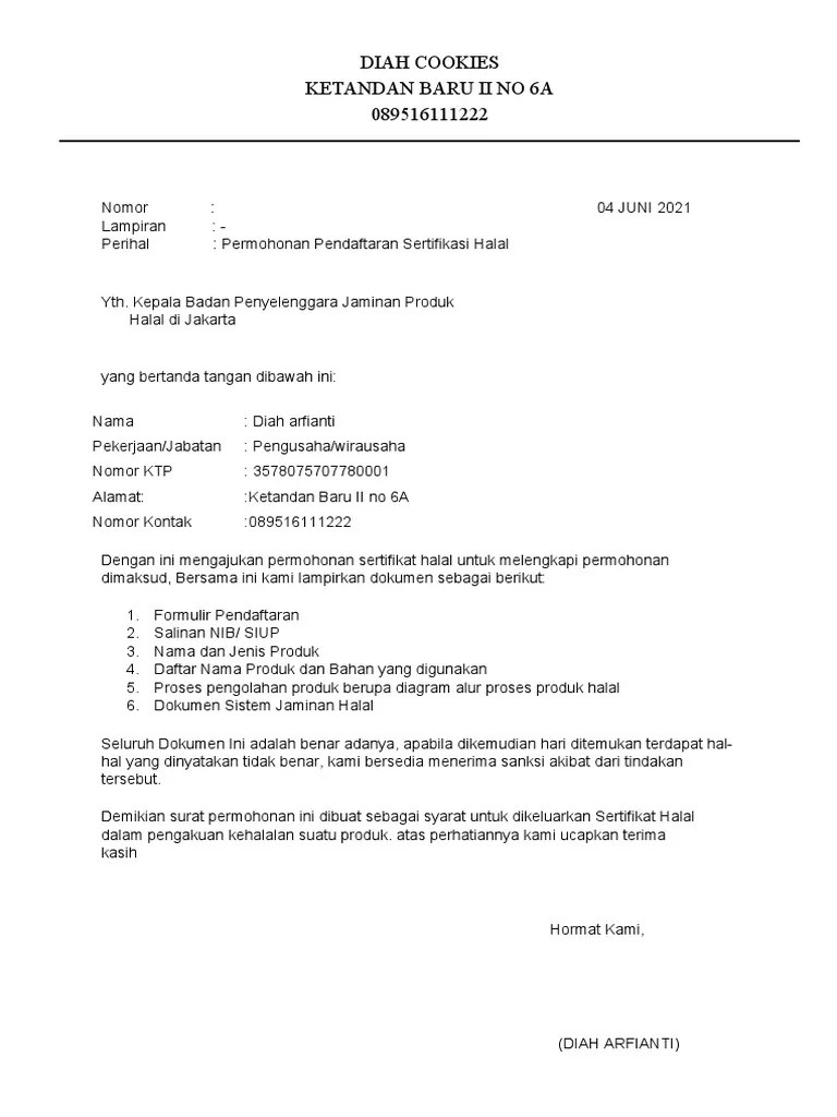Format Pengajuan Sertifikasi Halal Dan Penyelia HALAL DIAH COOKIES | PDF