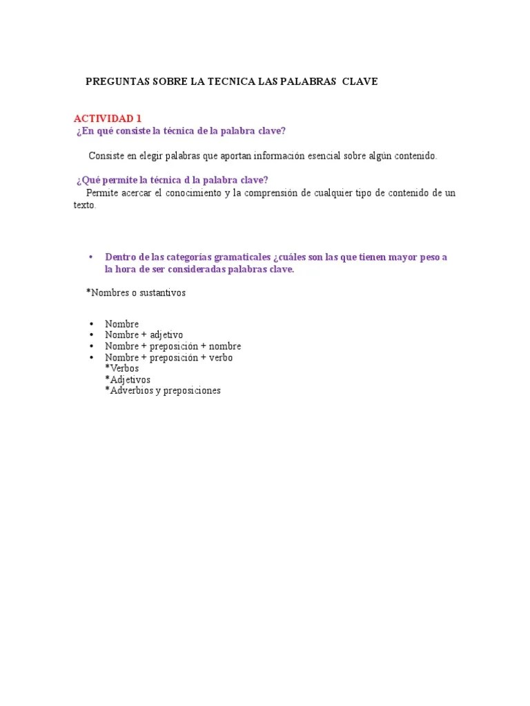 Tecnica La Palabra Clave Preguntas | PDF | Palabra | Mecánica Del Lenguaje