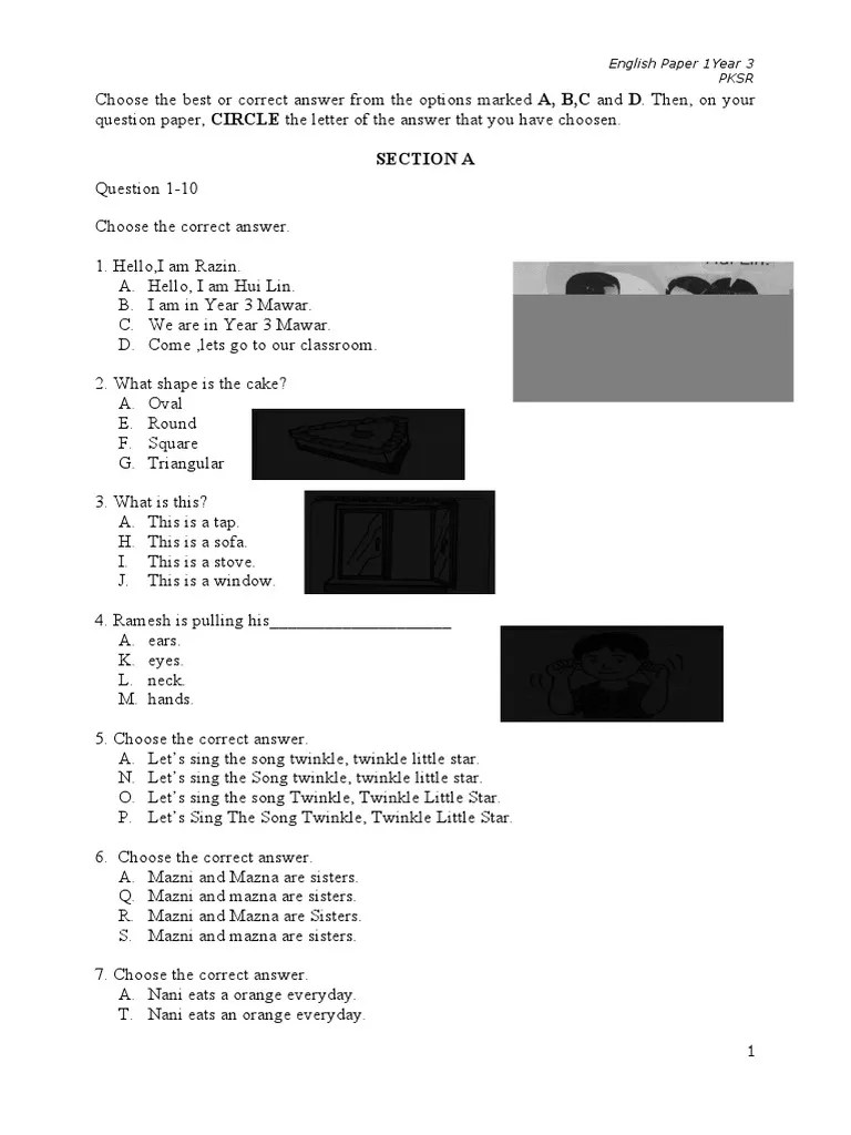 Section A: English Paper 1year 3 PKSR | PDF