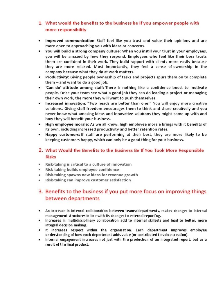 Benefits To The Business 2 | PDF | Organizational Culture | Human Nature