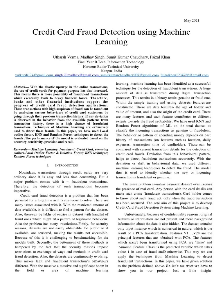 Credit Card Fraud Detection Using Machine Learning Final Research Paper ...