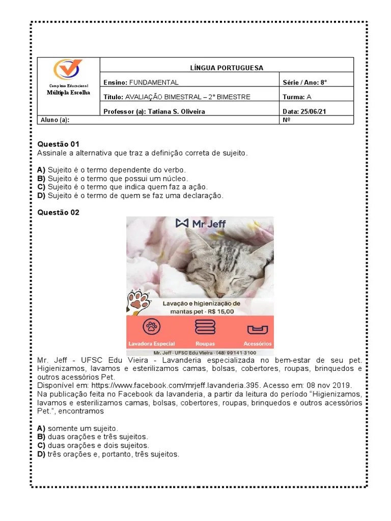 Avaliação 8° Ano 2° Bimestre | PDF | Assunto (gramática) | Sintaxe