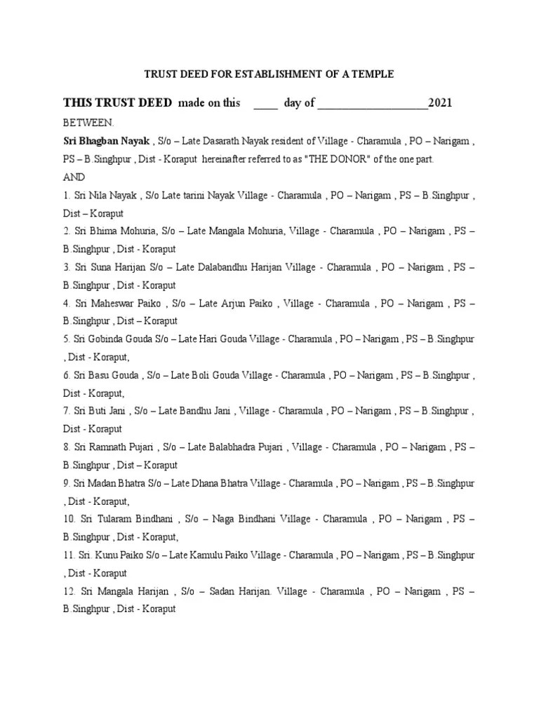 Trust Deed For Establishment Of A Temple | PDF | Trust Law | Trustee