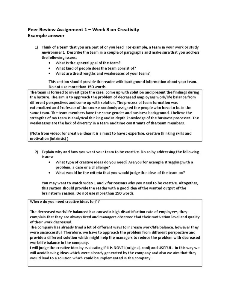 Peer Review Assignment 1 - Week 3 On Creativity Example Answer | PDF | Brainstorming | Creativity