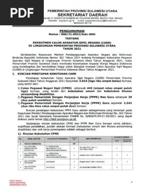 Kepada pelamar yang dinyatakan lulus tahapan administrasi seleksi cpns pemprov sulut tahun 2018 diberikan kesempatan mengikuti simulasi cat langsung di. Pengumuman Rekrutmen Casn 2021 1 Pdf
