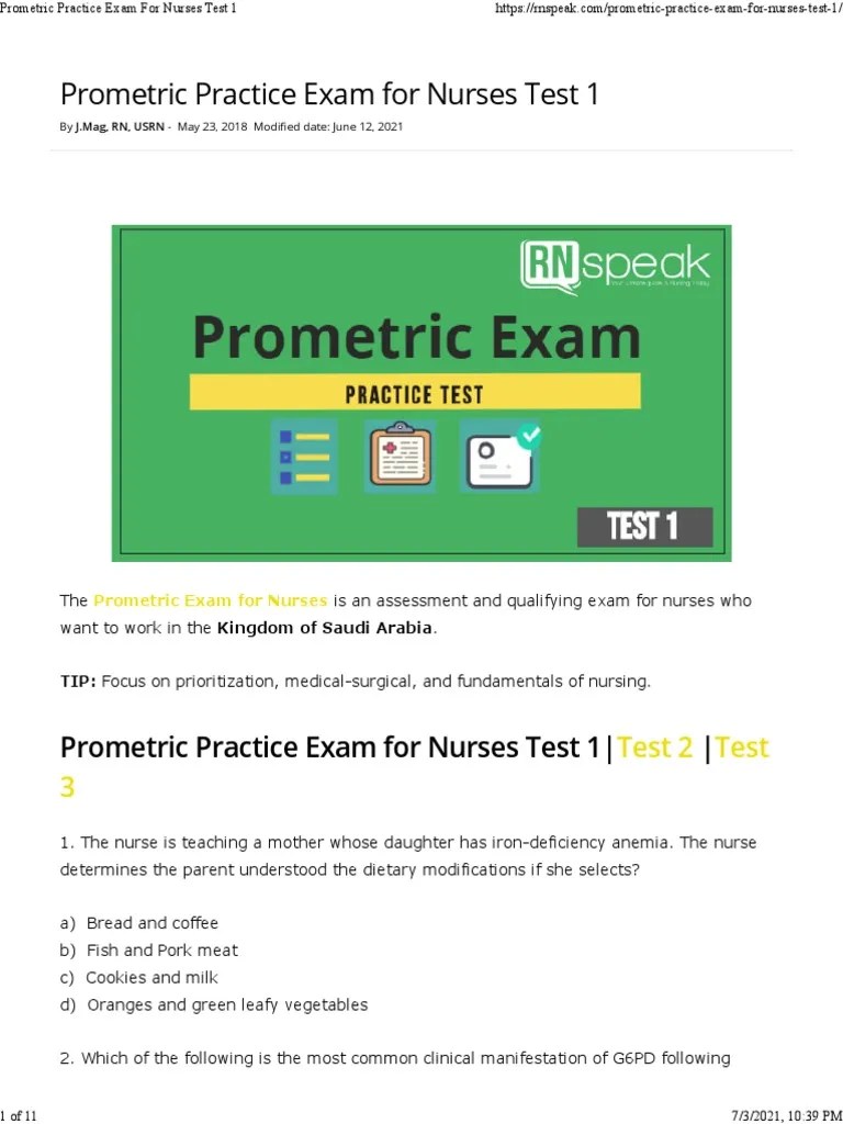Prometric Practice Exam For Nurses Test 1 | PDF | Injection (Medicine ...