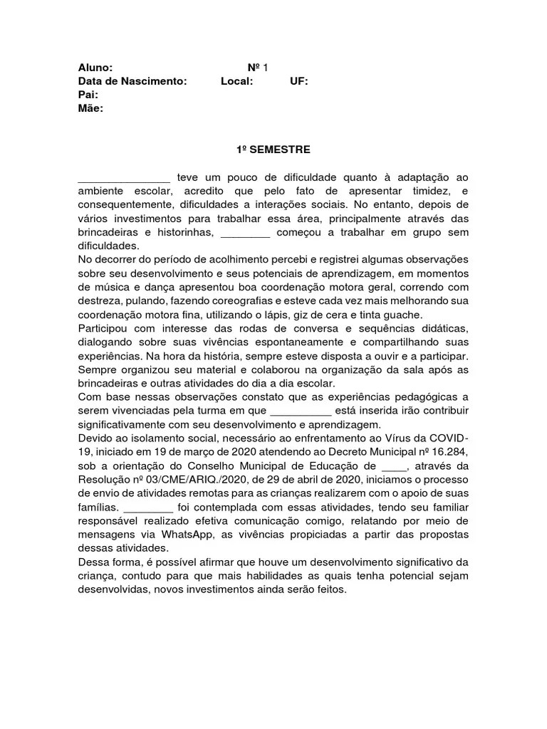 Relatório Individual Pandemia | PDF | Aprendizado | Autismo