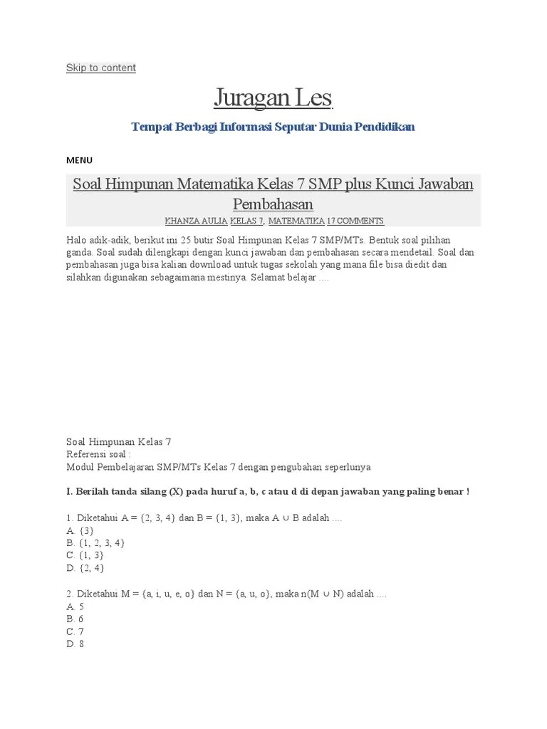 Sisanya dibagikan kepada 10 tetangganya. Juragan Les Soal Himpunan Matematika Kelas 7 Smp Plus Kunci Jawaban Pembahasan Pdf