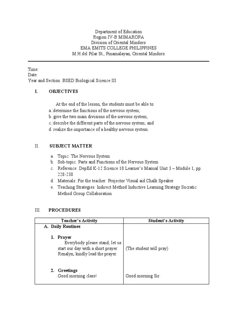Nervous System Detailed Lesson Plan Orig | PDF | Central Nervous System | Nervous System