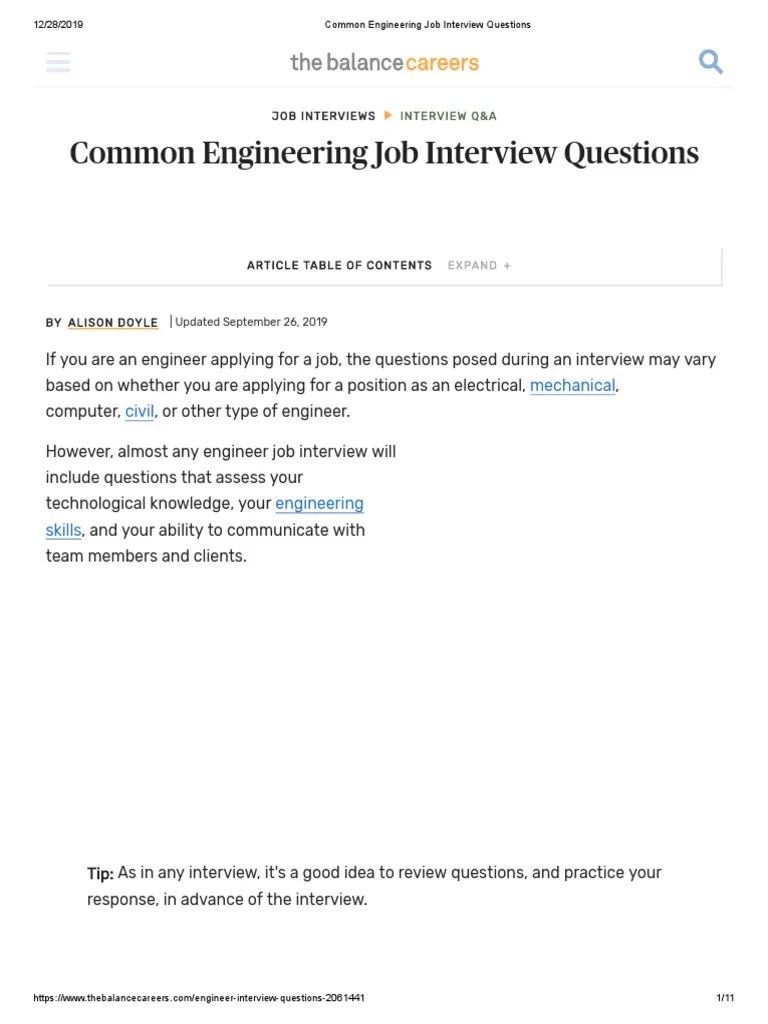 Common Engineering Job Interview Questions | PDF | Job Interview ...