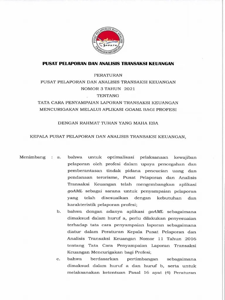 Peraturan PPATK Nomor 3 Tahun 2021 | PDF