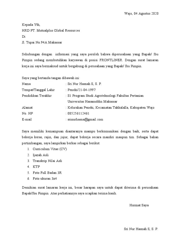 Mutualplus global resources merupakan organisasi yang bergerak. Fix Surat Lamaran Pt Mutualplus Pdf