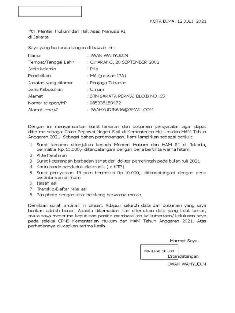 Download kumpulan contoh surat lamaran cpns 2021 dan seleksi pppk guru tahun 2021 sesuai. Format Surat Lamaran Slta 2021