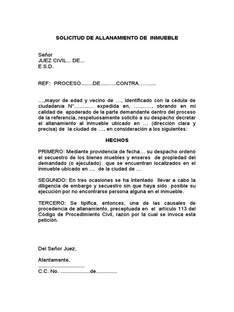 Solicitud De Allanamiento De Inmueble Para Ejecutar Secuestro De Bienes Ordenado Judicialmente | PDF