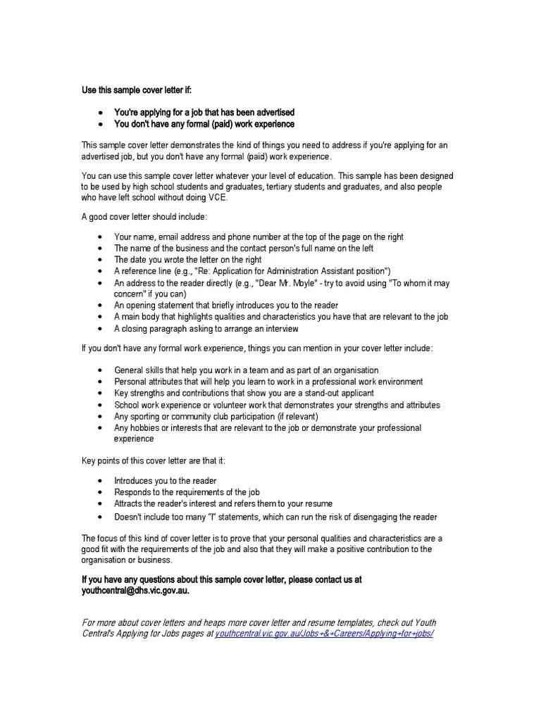 Wow your future employer with this simple cover letter example format. Youthcentral Coverletter Noworkexperience Pdf Human Nature Communication