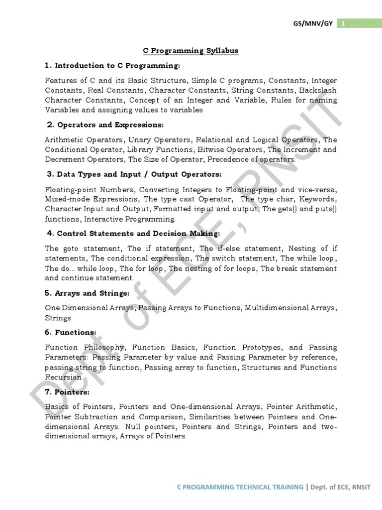 C Programming Syllabus | PDF | Pointer (Computer Programming) | Array ...