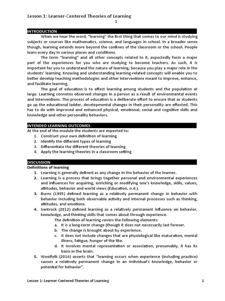 Learner Centered Teaching Theories Pdf Learning Theory Education