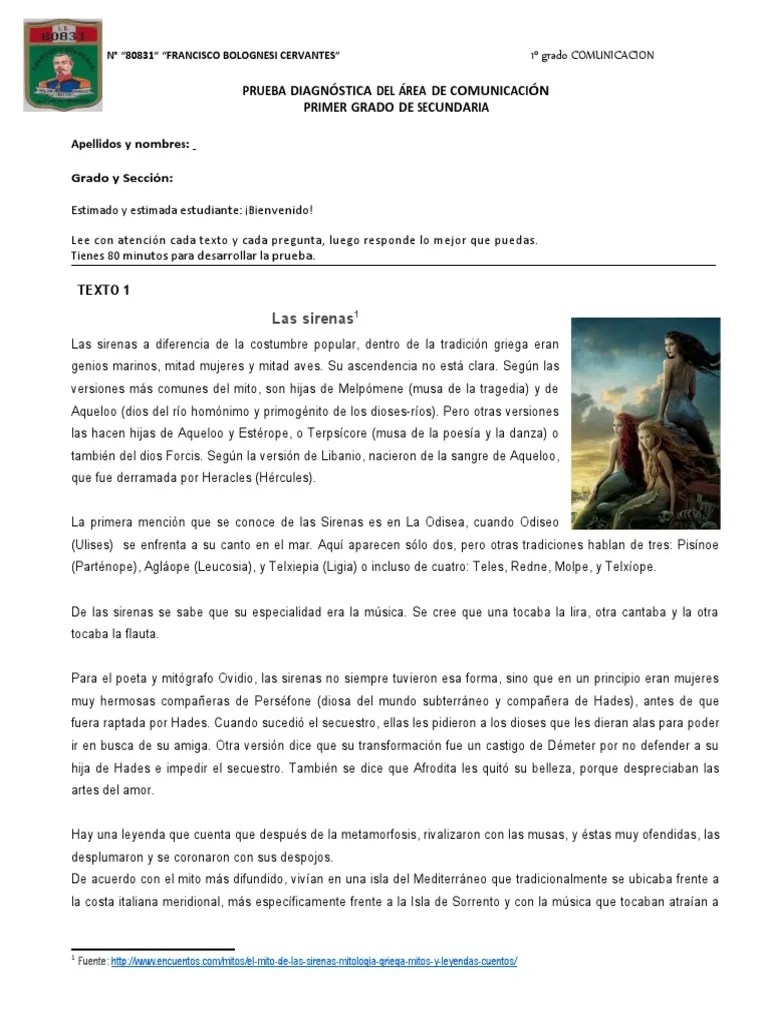 Evaluación Diagnóstica COMUNICACIÓN - 1° GRADO | PDF | Sirena ...